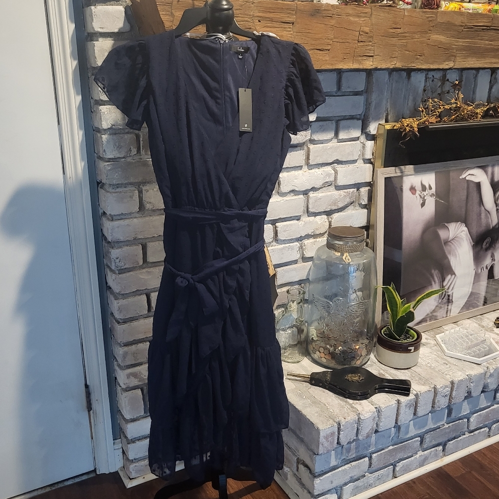 Lulu's Have Harmony Navy Blue Swiss Dot Ruffled Faux Wrap Midi Dress  sz Lrg NWT